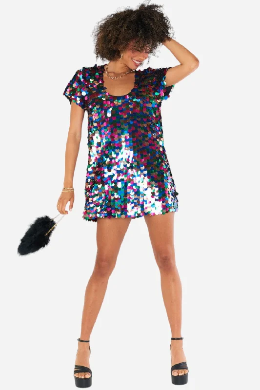 Show Me Your Mumu Emi Mini Dress in Rainbow Sequins Cozy Ruched Mini Dress
