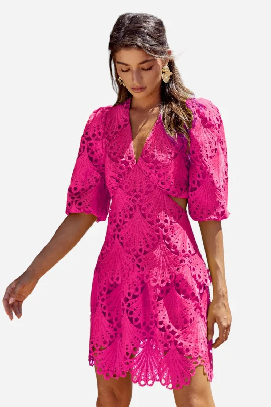 Adelyn Rae Harper Cut-Out Tiered Mini Dress in Hot Pink Trendy Floral Mini Dress
