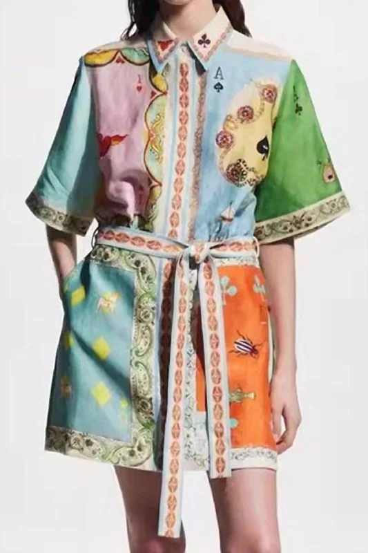 House Of Cards Print Mini Dress In Green/multi Trendy Mini Dress with Belt