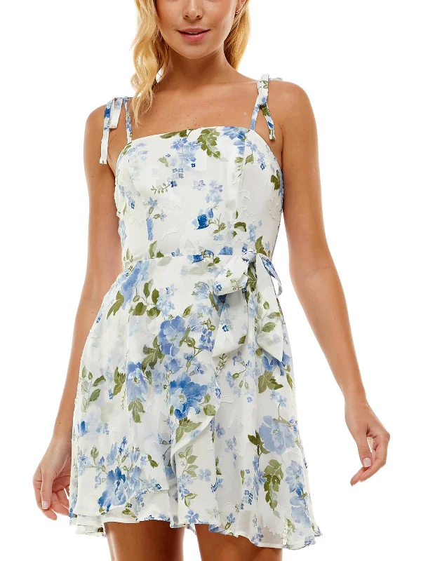 Juniors Womens Floral Print Short Mini Dress Comfortable Ruffle Mini Dress