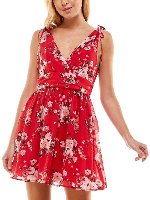 Juniors Womens Floral Print Surplice Mini Dress Elegant Tulle Mini Dress