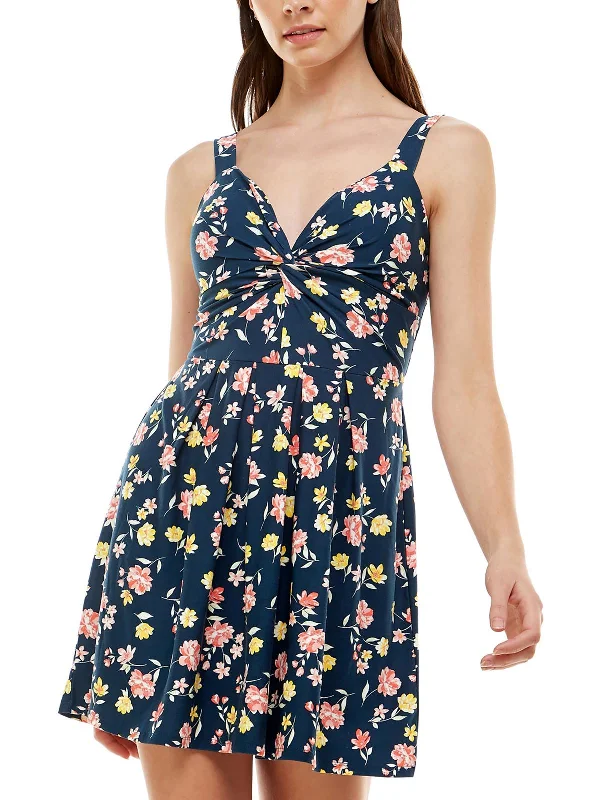 Juniors Womens Knit Floral Mini Dress Trendy Cut-Out Mini Dress