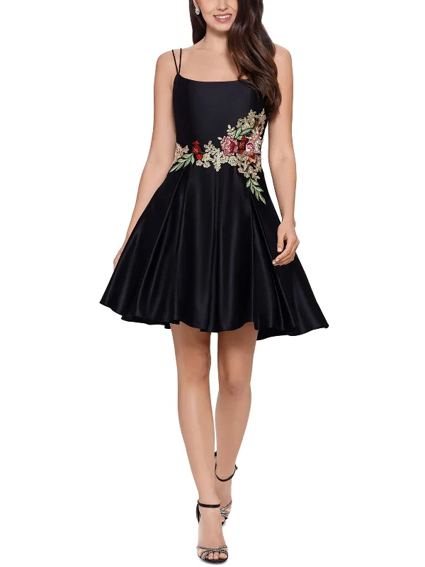 Juniors Womens Satin Embroidered Mini Dress Chic Puff Sleeve Mini Dress