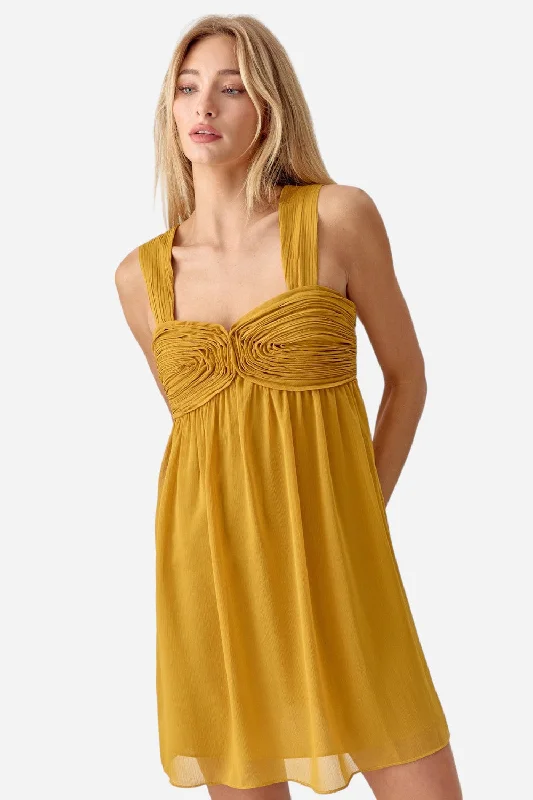 Adelyn Rae Ladella Rose Applique Chiffon Mini Dress in Golden Yellow Trendy A-Line Mini Dress