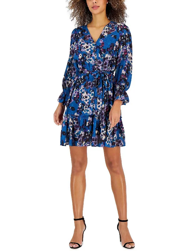 Petites Womens Floral Fit & flare Mini Dress Cozy A-Line Mini Dress