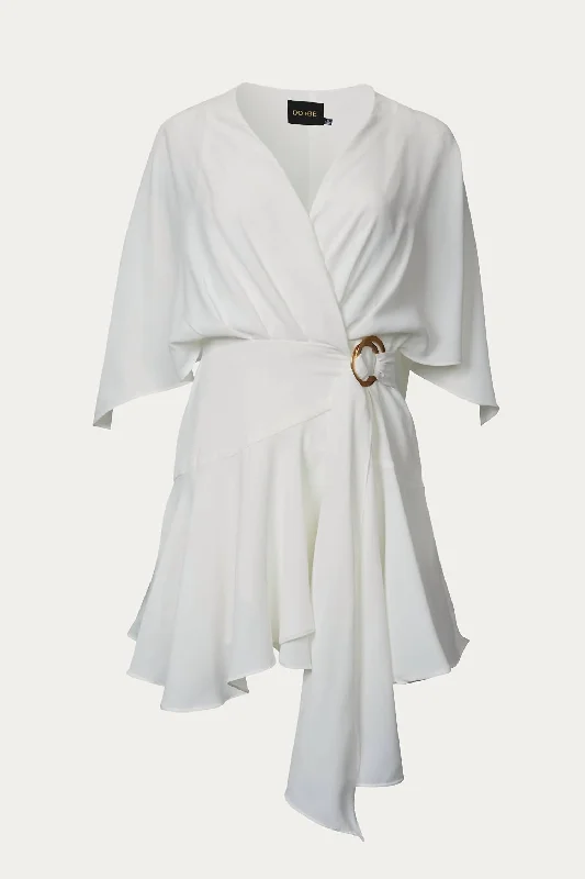 Ruffled Woven Wrap Mini Dress In Off White Cozy Ribbed Mini Dress