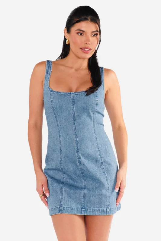 Show Me Your Mumu Steph Mini Dress in Gloomy Blue Comfortable Off-Shoulder Mini Dress
