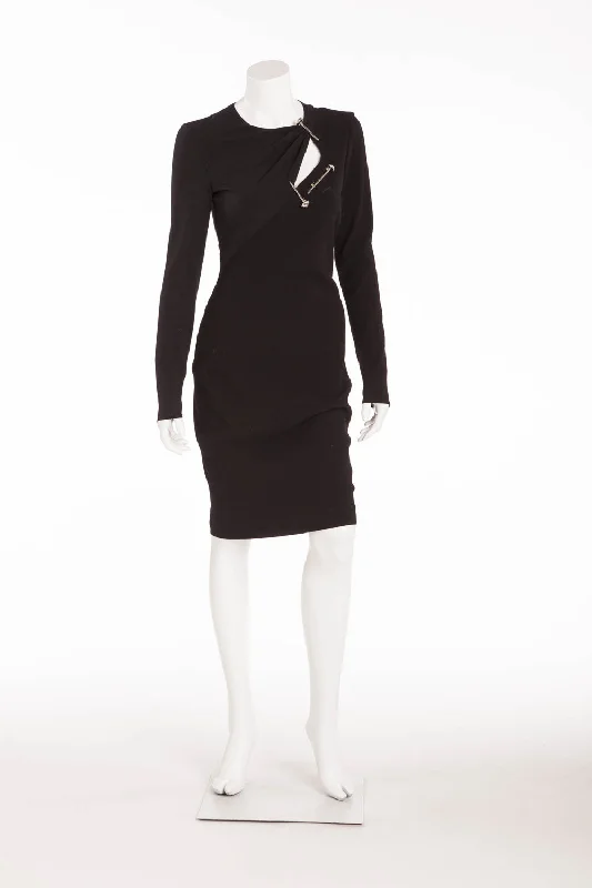 Versace - Long Sleeve Black Mini Dress with 3 Screw Pins - IT 42 Trendy Off-Shoulder Dress Mini Versace - Long Sleeve Black Mini Dress with 3 Screw Pins - IT 42 Trendy Off-Shoulder Dress Mini