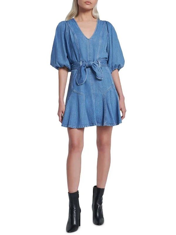 Womens Denim Puff Sleeve Mini Dress Classic Floral Mini Dress