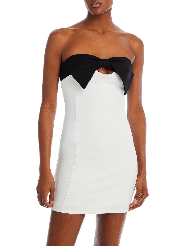Womens Front Bow Strapless Mini Dress Stylish Ribbed Mini Dress