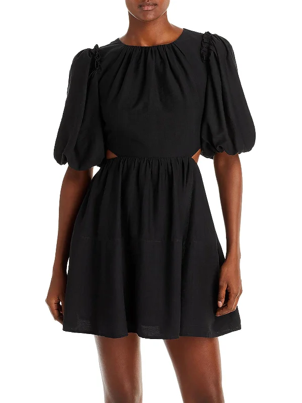 Womens Open Back Pleated Neck Mini Dress Cozy Ribbed Mini Dress