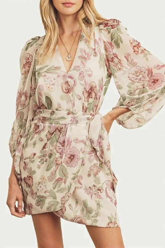 Wrap-Effect Floral-Print Georgette Mini Dress In Cream/Lavender Stylish Short-Sleeve Mini Dress Wrap-Effect Floral-Print Georgette Mini Dress In Cream/Lavender Stylish Short-Sleeve Mini Dress