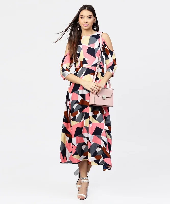 Women's Multi Printed 3/4Th Cold Shoulder Sleeve A-Line Maxi Dress - Nayo Clothing Trendy Maxi Dress with Lace Women's Multi Printed 3/4Th Cold Shoulder Sleeve A-Line Maxi Dress - Nayo Clothing Trendy Maxi Dress with Lace