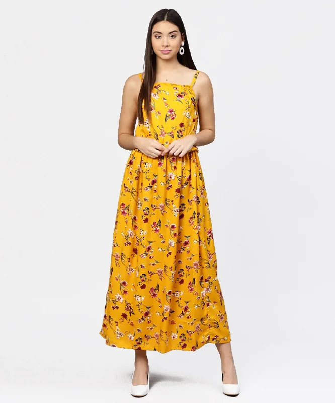 Women's Yellow Printed Shoulder Strapped With A Gather Neckline Maxi Dress - Nayo Clothing Comfortable Ruffle Hem Maxi Dress Women's Yellow Printed Shoulder Strapped With A Gather Neckline Maxi Dress - Nayo Clothing Comfortable Ruffle Hem Maxi Dress