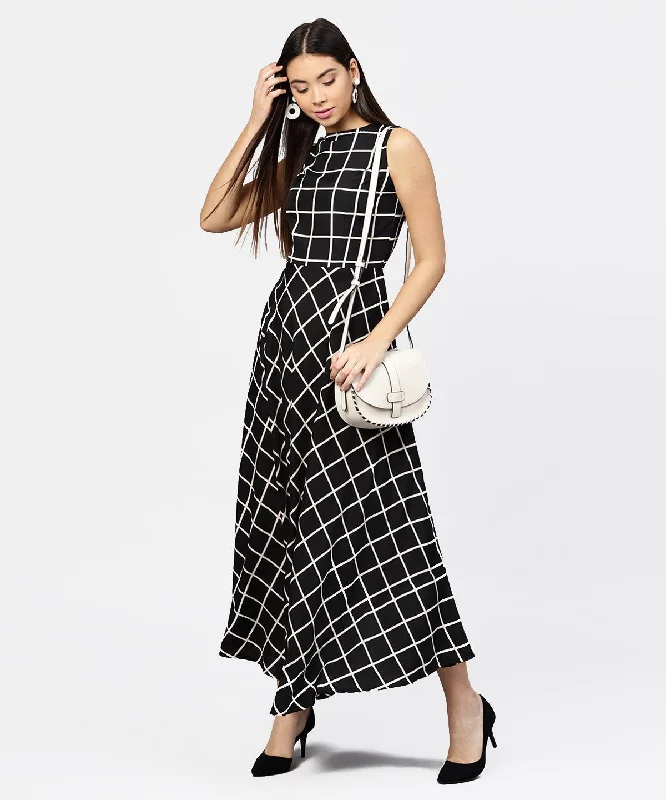 Women's Black Check Sleeveless A-Line Maxi Dress With Slit On The Front - Nayo Clothing Fashionable High-Low Maxi Dress Women's Black Check Sleeveless A-Line Maxi Dress With Slit On The Front - Nayo Clothing Fashionable High-Low Maxi Dress