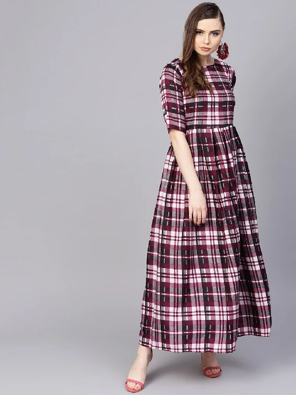 Women's Purple Check Printed Half Sleeve Maxi Dress - Nayo Clothing Fashionable Printed Maxi Dress