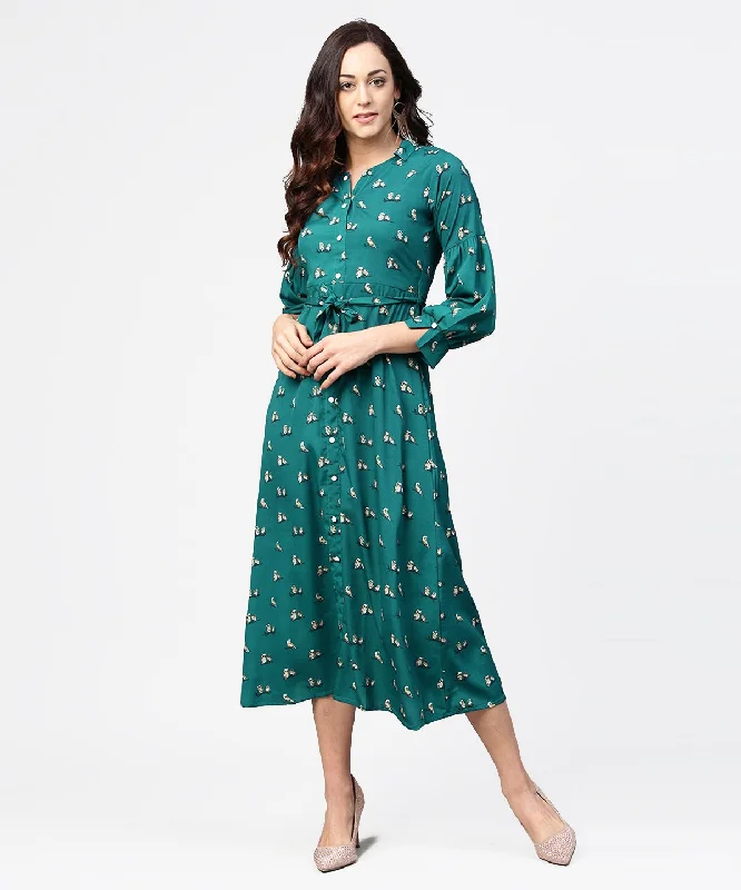 Women's Blue Printed Full Sleeve Maxi Dress With Belt - Nayo Clothing Stylish Pleated A-Line Maxi Dress Women's Blue Printed Full Sleeve Maxi Dress With Belt - Nayo Clothing Stylish Pleated A-Line Maxi Dress
