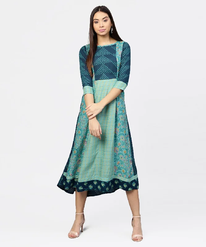 Women's Multi Printed Round Neck Gathered Panels With 3/4Th Sleeves Maxi Dress - Nayo Clothing Comfortable Maxi Dress with Belt Women's Multi Printed Round Neck Gathered Panels With 3/4Th Sleeves Maxi Dress - Nayo Clothing Comfortable Maxi Dress with Belt