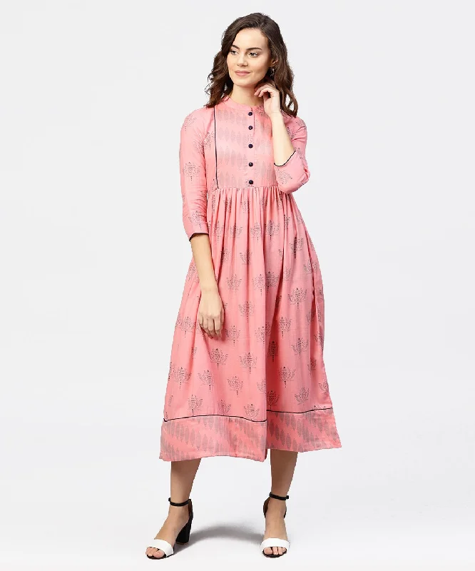 Women's Peach Printed Chinese Collared Front Open Placket Till Yoke With 3/4Th Sleeves Maxi Dress - Nayo Clothing Stylish Maxi Dress with Frills Women's Peach Printed Chinese Collared Front Open Placket Till Yoke With 3/4Th Sleeves Maxi Dress - Nayo Clothing Stylish Maxi Dress with Frills