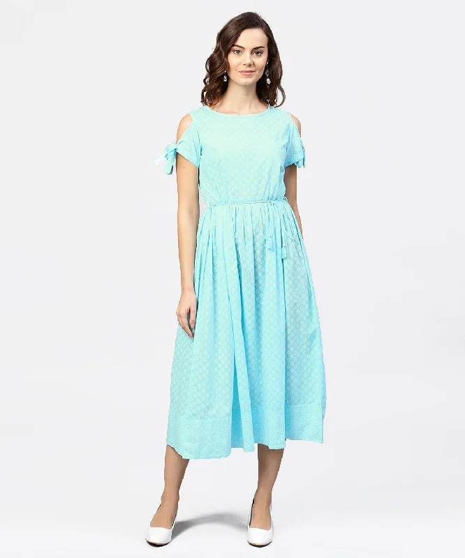 Women's Printed Round Neck With A Draw-String At Yoke And Knotted Short Sleeves Maxi Dress - Nayo Clothing Elegant Maxi Dress with Slit Women's Printed Round Neck With A Draw-String At Yoke And Knotted Short Sleeves Maxi Dress - Nayo Clothing Elegant Maxi Dress with Slit
