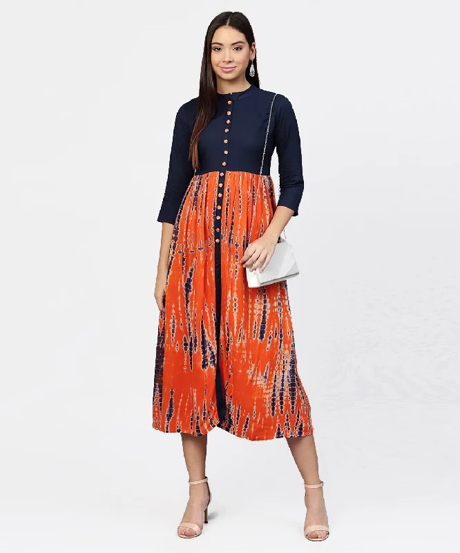 Women's Printed Tye-Dye Chinese Collared 3/4Th Sleeves Maxi Dress - Nayo Clothing Trendy Printed Maxi Dress Women's Printed Tye-Dye Chinese Collared 3/4Th Sleeves Maxi Dress - Nayo Clothing Trendy Printed Maxi Dress
