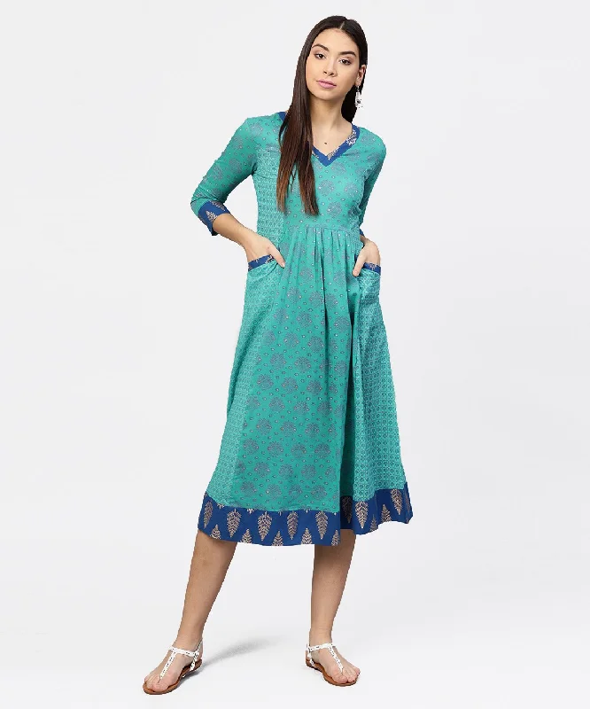 Women's Printed V-Neck Panelled With Patch Pockets And 3/4Th Sleeved Maxi Dress - Nayo Clothing Stylish Button-Up Maxi Dress Women's Printed V-Neck Panelled With Patch Pockets And 3/4Th Sleeved Maxi Dress - Nayo Clothing Stylish Button-Up Maxi Dress