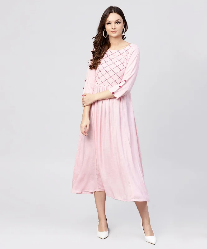 Women's Rayon Pink Embroidered Full Sleeves Pleated Maxi Dress - Nayo Clothing Fashionable Layered Maxi Dress Women's Rayon Pink Embroidered Full Sleeves Pleated Maxi Dress - Nayo Clothing Fashionable Layered Maxi Dress
