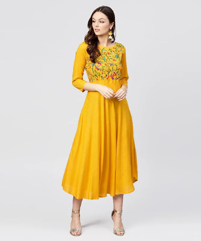 Women's Yellow Round Neck Embroidered Full Sleeves Rayon Maxi Dress - Nayo Clothing Elegant Pleated Maxi Dress Women's Yellow Round Neck Embroidered Full Sleeves Rayon Maxi Dress - Nayo Clothing Elegant Pleated Maxi Dress