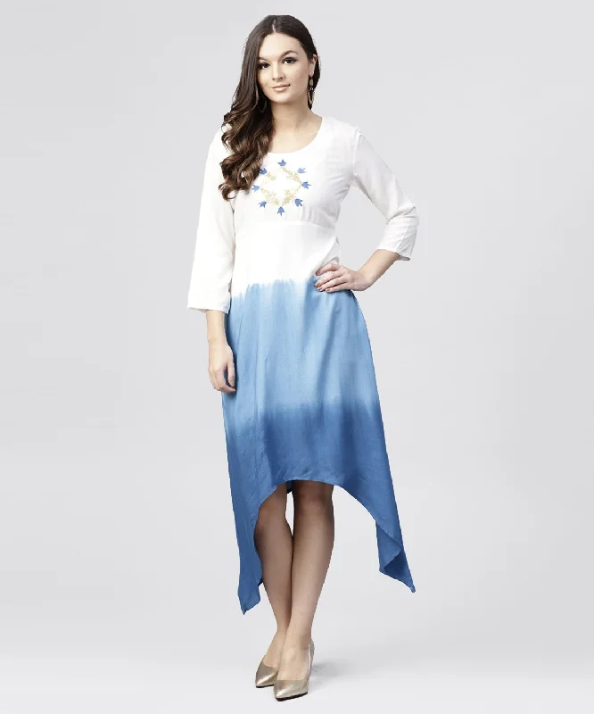 Women's White Rayon Asymmetric Maxi Dress Dyed Blue With 3/4 Sleeves - Nayo Clothing Trendy Off-Shoulder Ruffle Maxi Dress Women's White Rayon Asymmetric Maxi Dress Dyed Blue With 3/4 Sleeves - Nayo Clothing Trendy Off-Shoulder Ruffle Maxi Dress