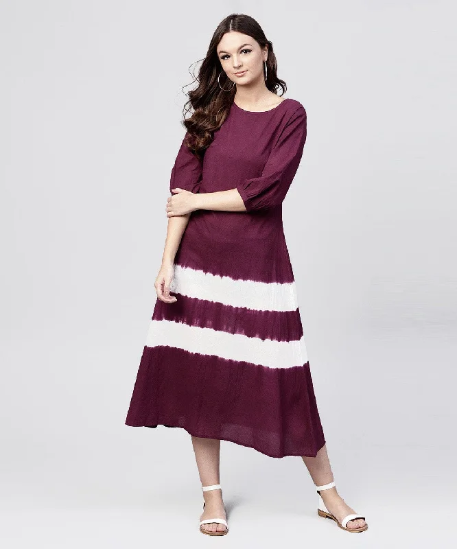 Women's Burgundy Tie And Dye Maxi Dress With Round Neck And 3/4 Sleeves - Nayo Clothing Comfortable Flowy Maxi Dress Women's Burgundy Tie And Dye Maxi Dress With Round Neck And 3/4 Sleeves - Nayo Clothing Comfortable Flowy Maxi Dress