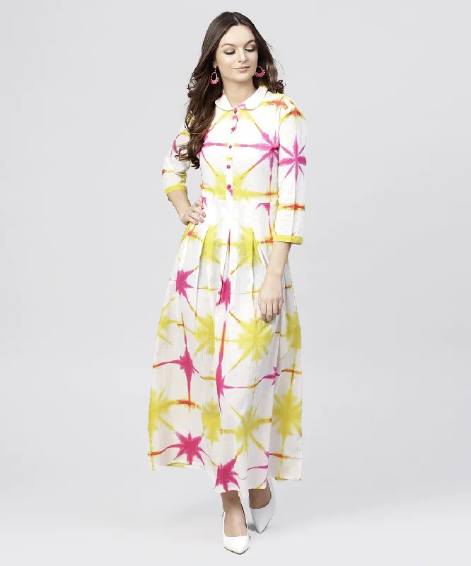 Women's Multi Tie And Dyed Shirt Collar Maxi Dress With Box Pleats And 3/4 Sleeves - Nayo Clothing Trendy V-Neck Maxi Dress Women's Multi Tie And Dyed Shirt Collar Maxi Dress With Box Pleats And 3/4 Sleeves - Nayo Clothing Trendy V-Neck Maxi Dress