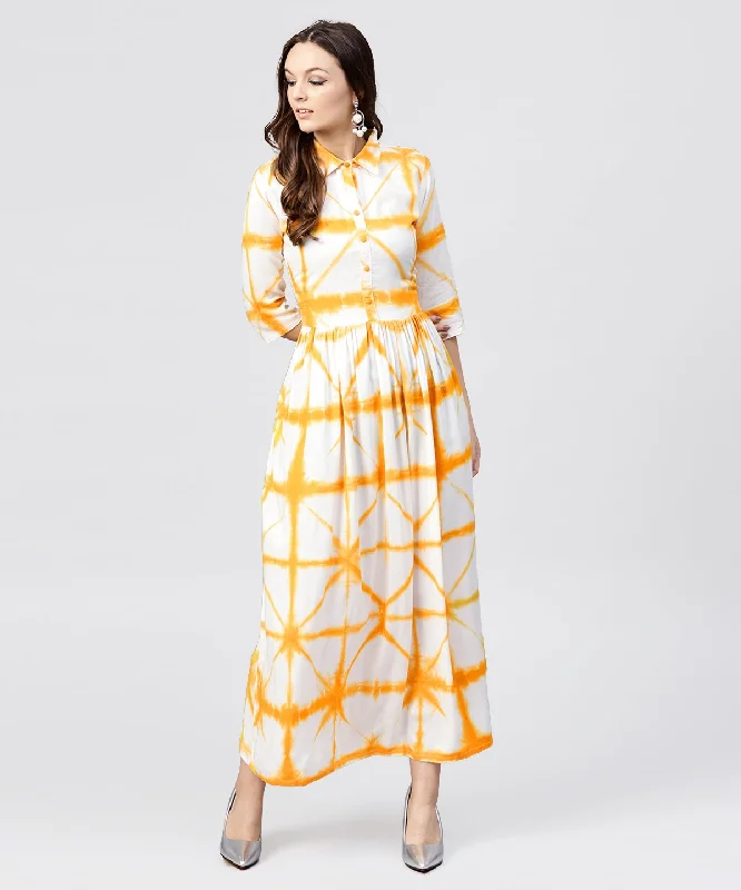 Women's Multi Tie And Dyed Shirt Collar Maxi Dress With Box Pleats And 3/4 Sleeves - Nayo Clothing Cozy Ruffle Sleeve Maxi Dress Women's Multi Tie And Dyed Shirt Collar Maxi Dress With Box Pleats And 3/4 Sleeves - Nayo Clothing Cozy Ruffle Sleeve Maxi Dress