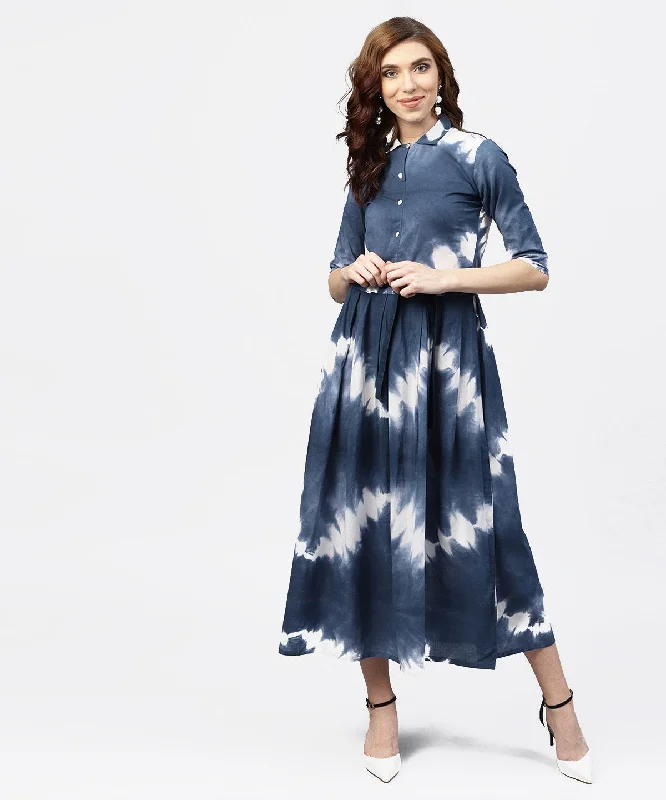 Women's Navy Blue 3/4Th Sleeve Tie Dye Printed Cotton A-Line Maxi Dress With Belt - Nayo Clothing Comfortable T-Shirt Maxi Dress Women's Navy Blue 3/4Th Sleeve Tie Dye Printed Cotton A-Line Maxi Dress With Belt - Nayo Clothing Comfortable T-Shirt Maxi Dress