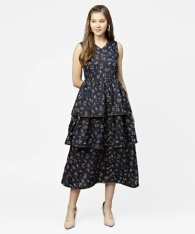 Women's Blue Sleeveless Crepe Printed Multi Layred Maxi Dress - Nayo Clothing Trendy Fit-and-Flare Maxi Dress Women's Blue Sleeveless Crepe Printed Multi Layred Maxi Dress - Nayo Clothing Trendy Fit-and-Flare Maxi Dress