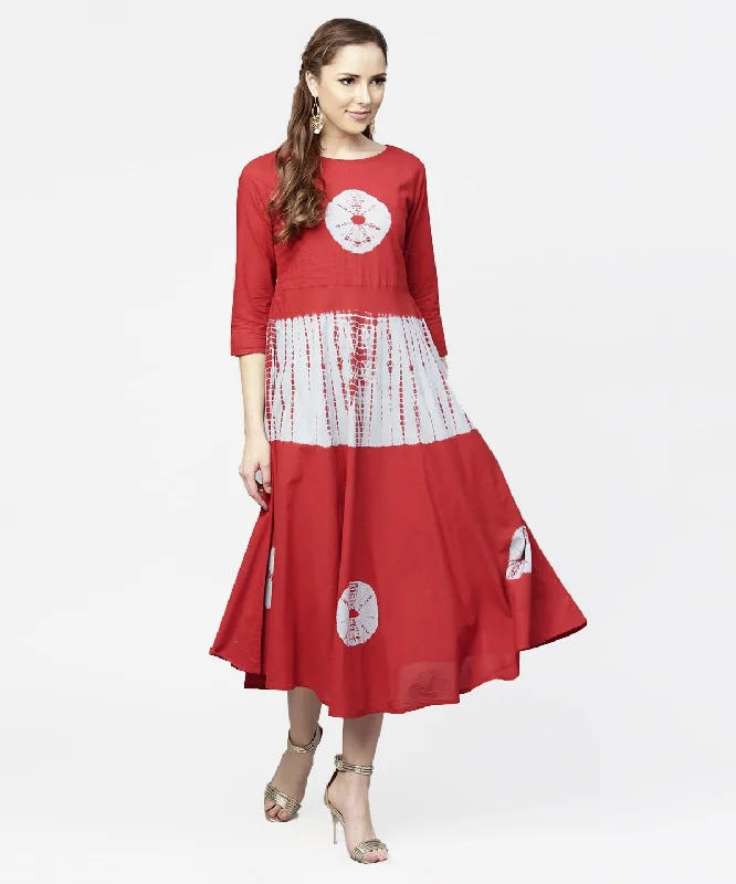 Women's Red Tye Dye 3/4Th Sleeve Cotton Maxi Dress - Nayo Clothing Comfortable Ruffle Maxi Dress Women's Red Tye Dye 3/4Th Sleeve Cotton Maxi Dress - Nayo Clothing Comfortable Ruffle Maxi Dress