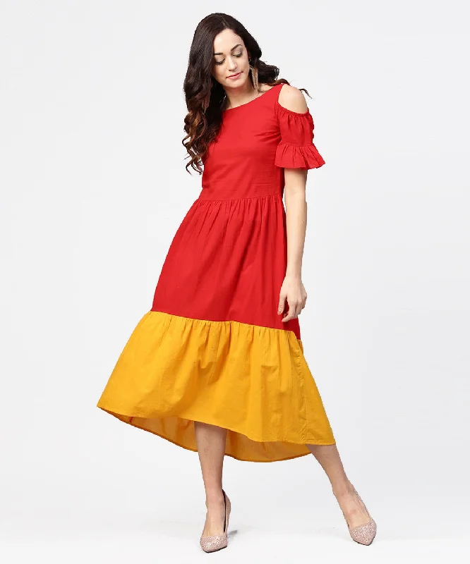 Women's Red & Yellow Short Cold Shoulder Cotton Maxi Dress - Nayo Clothing Elegant Lace-Up Maxi Dress Women's Red & Yellow Short Cold Shoulder Cotton Maxi Dress - Nayo Clothing Elegant Lace-Up Maxi Dress