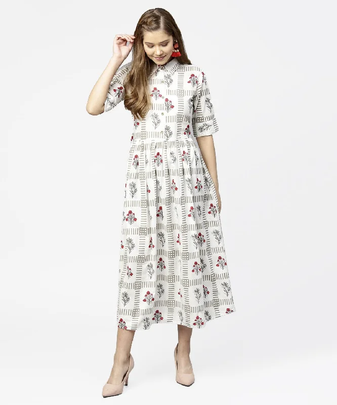 Women's Off White Printed Half Sleeve Cotton Maxi Dress With Belt - Nayo Clothing Fashionable Asymmetrical Maxi Dress Women's Off White Printed Half Sleeve Cotton Maxi Dress With Belt - Nayo Clothing Fashionable Asymmetrical Maxi Dress