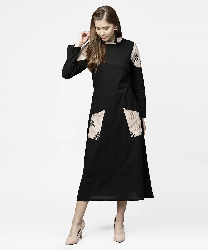 Women's Black 3/4Th Sleeve Cotton Maxi Dress With Double Pocket - Nayo Clothing Stylish V-Neck Maxi Dress Women's Black 3/4Th Sleeve Cotton Maxi Dress With Double Pocket - Nayo Clothing Stylish V-Neck Maxi Dress