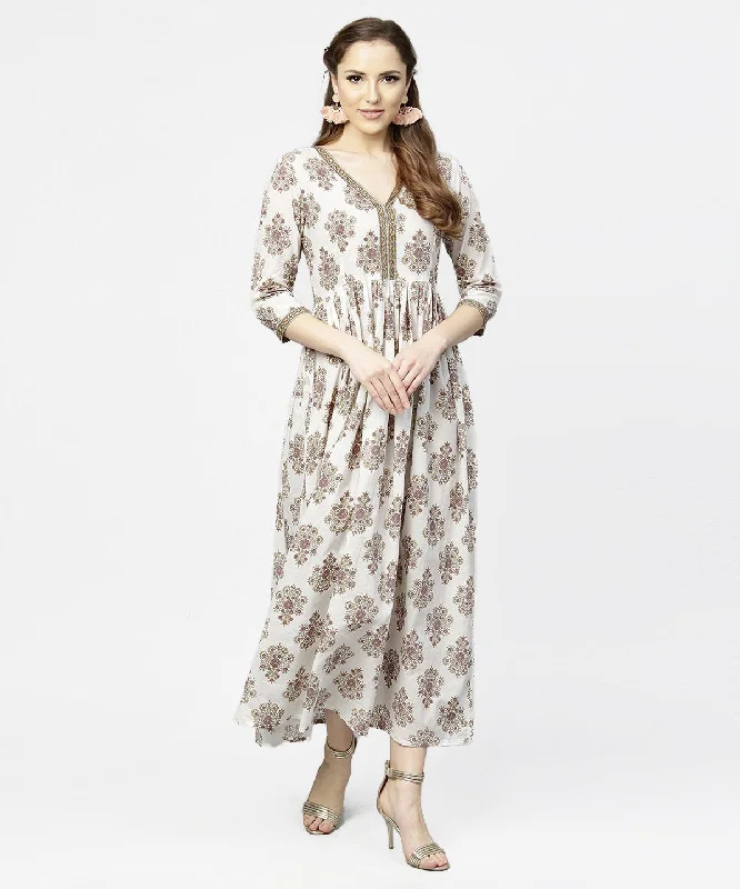 Women's Off White Printed 3/4Th Sleeve Cotton Maxi Dress - Nayo Clothing Comfortable Maxi Dress with Sleeves Women's Off White Printed 3/4Th Sleeve Cotton Maxi Dress - Nayo Clothing Comfortable Maxi Dress with Sleeves