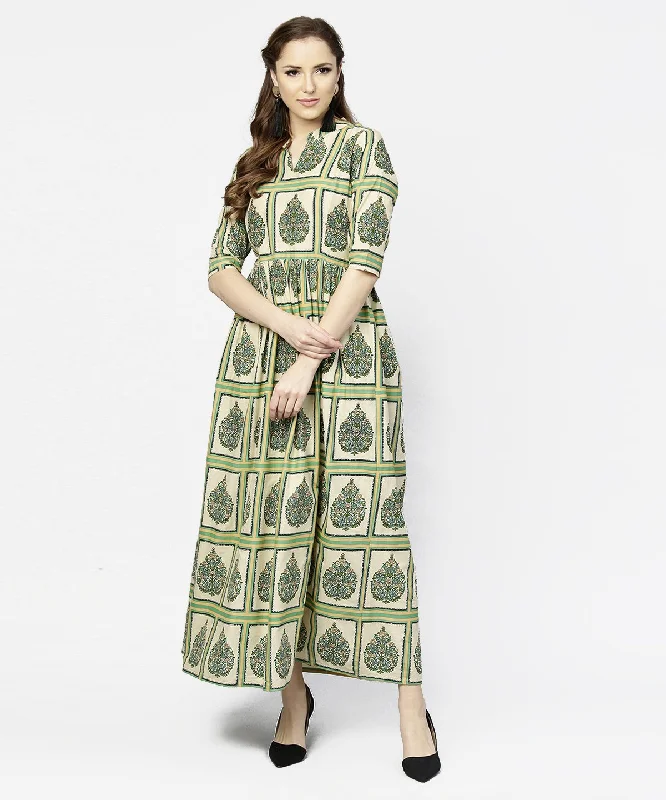 Women's Green Printed Half Sleeve Cotton Maxi Dress - Nayo Clothing Fashionable Chiffon Tiered Maxi Dress