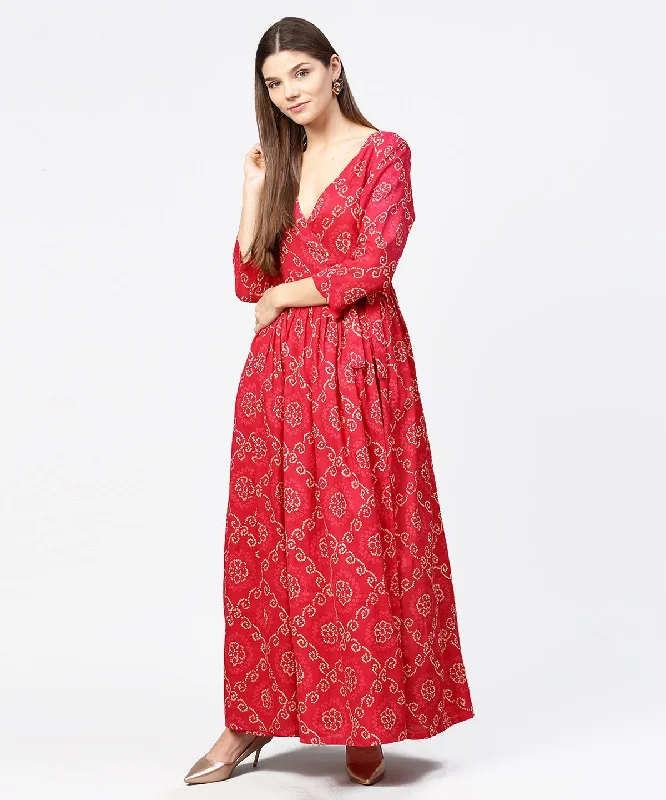 Women's Red Printed 3/4Th Sleeve Cotton Maxi Dress - Nayo Clothing Classic A-Line Maxi Dress
