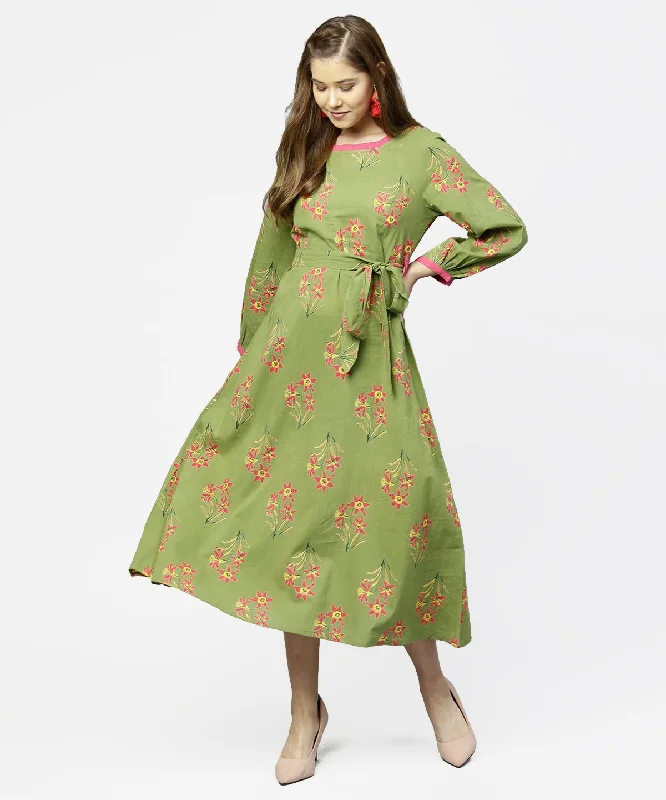 Women's Green Printed 3/4Th Sleeve Cotton Maxi Dress With Belt - Nayo Clothing Elegant Tiered Maxi Dress Women's Green Printed 3/4Th Sleeve Cotton Maxi Dress With Belt - Nayo Clothing Elegant Tiered Maxi Dress