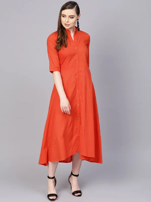 Women's Solid Orange Maxi Dress With Madarin Collar & 3/4 Sleeves - Nayo Clothing Fashionable Open-Back Maxi Dress Women's Solid Orange Maxi Dress With Madarin Collar & 3/4 Sleeves - Nayo Clothing Fashionable Open-Back Maxi Dress
