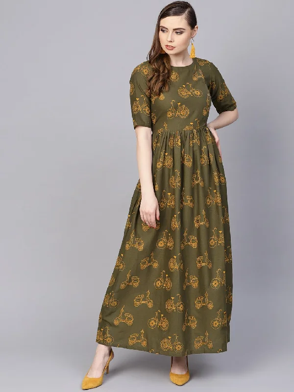 Women's Military Green Printed Maxi Dress With Side Shoulder Placket With Half Sleeves - Nayo Clothing Stylish A-Line Maxi Dress Women's Military Green Printed Maxi Dress With Side Shoulder Placket With Half Sleeves - Nayo Clothing Stylish A-Line Maxi Dress