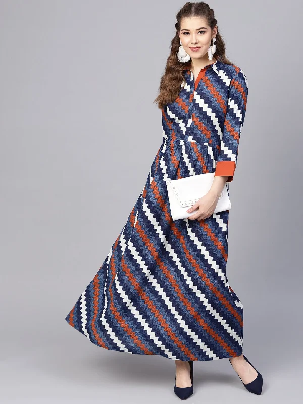 Women's Indigo Blue Geometric Maxi Dress With Shirt Collar & 3/4 Sleeves - Nayo Clothing Trendy Maxi Dress with Belt Women's Indigo Blue Geometric Maxi Dress With Shirt Collar & 3/4 Sleeves - Nayo Clothing Trendy Maxi Dress with Belt