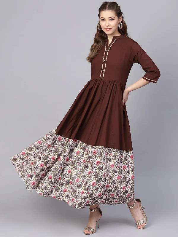 Women's Dark Brown Maxi Dress With Printed Border & Front Placket With Madarin Collar - Nayo Clothing Comfortable Long-Sleeve Maxi Dress Women's Dark Brown Maxi Dress With Printed Border & Front Placket With Madarin Collar - Nayo Clothing Comfortable Long-Sleeve Maxi Dress