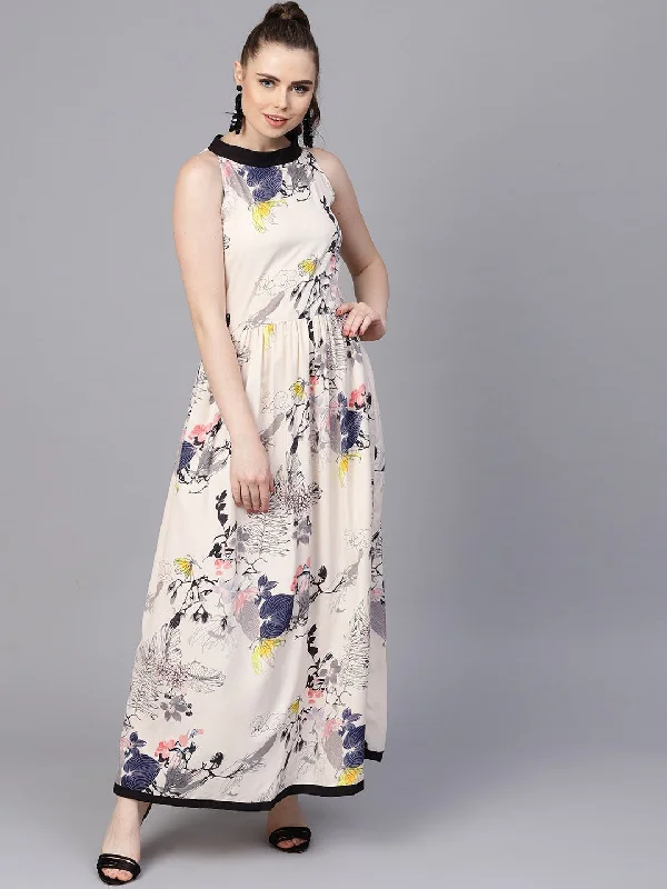 Women's Cream Floral Sleeveless Printed Maxi Dress - Nayo Clothing Elegant Boho Maxi Dress Women's Cream Floral Sleeveless Printed Maxi Dress - Nayo Clothing Elegant Boho Maxi Dress