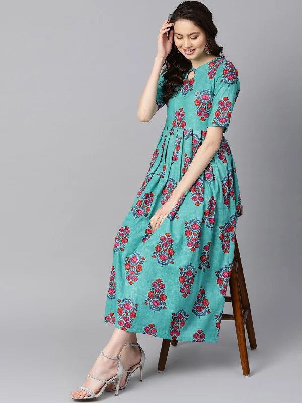Women's Turqish Blue Color Printed Half Sleeve Pleated Maxi Dress With Deep Back And Tassel Detailing. - Nayo Clothing Stylish Empire Waist Maxi Dress Women's Turqish Blue Color Printed Half Sleeve Pleated Maxi Dress With Deep Back And Tassel Detailing. - Nayo Clothing Stylish Empire Waist Maxi Dress
