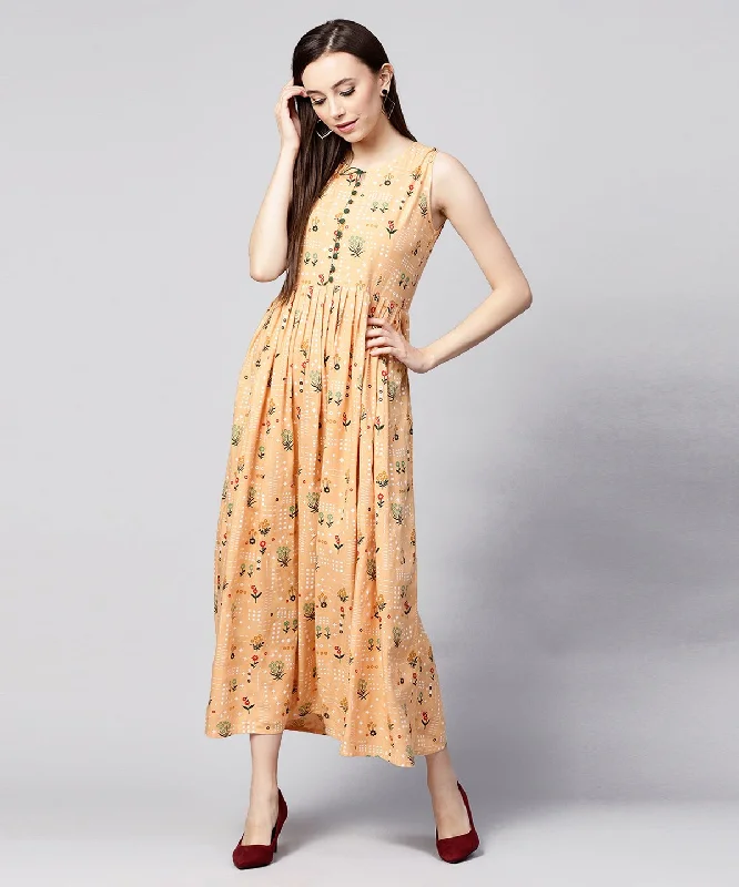 Women's Yellow Printed Sleeveless Rayon A-Line Maxi Dress With Button In Yokr - Nayo Clothing Comfortable Cotton Maxi Dress Women's Yellow Printed Sleeveless Rayon A-Line Maxi Dress With Button In Yokr - Nayo Clothing Comfortable Cotton Maxi Dress