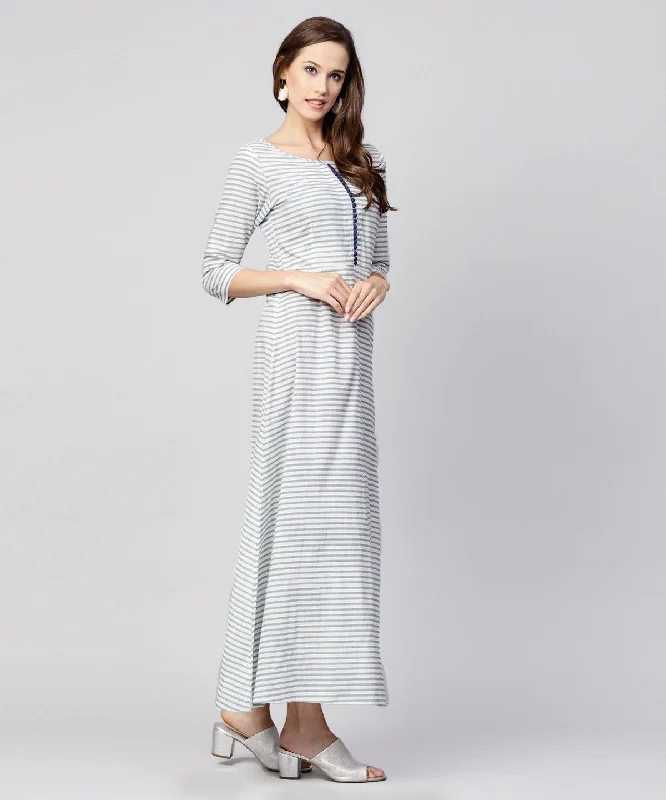 Women's Blue Striped 3/4Th Sleeve Cotton A-Line Maxi Dress - Nayo Clothing Elegant Maxi Dress with Ruffles Women's Blue Striped 3/4Th Sleeve Cotton A-Line Maxi Dress - Nayo Clothing Elegant Maxi Dress with Ruffles